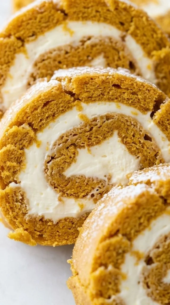 Pumpkin Roll with Cream Cheese Filling sliced dessert showing orange cake and cream cheese swirl layers Recipe focus: pumpkin roll recipe.