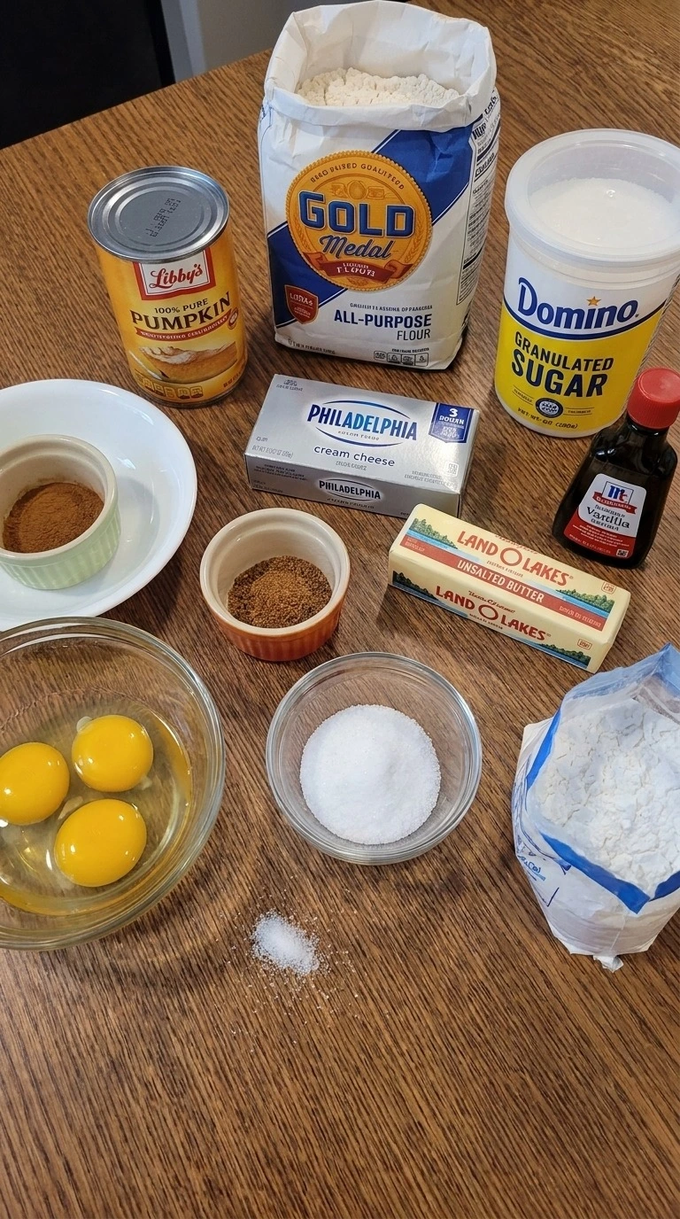 Pumpkin Roll with Cream Cheese Filling ingredients arranged with eggs pumpkin puree and spices Recipe focus: libby pumpkin roll recipe.