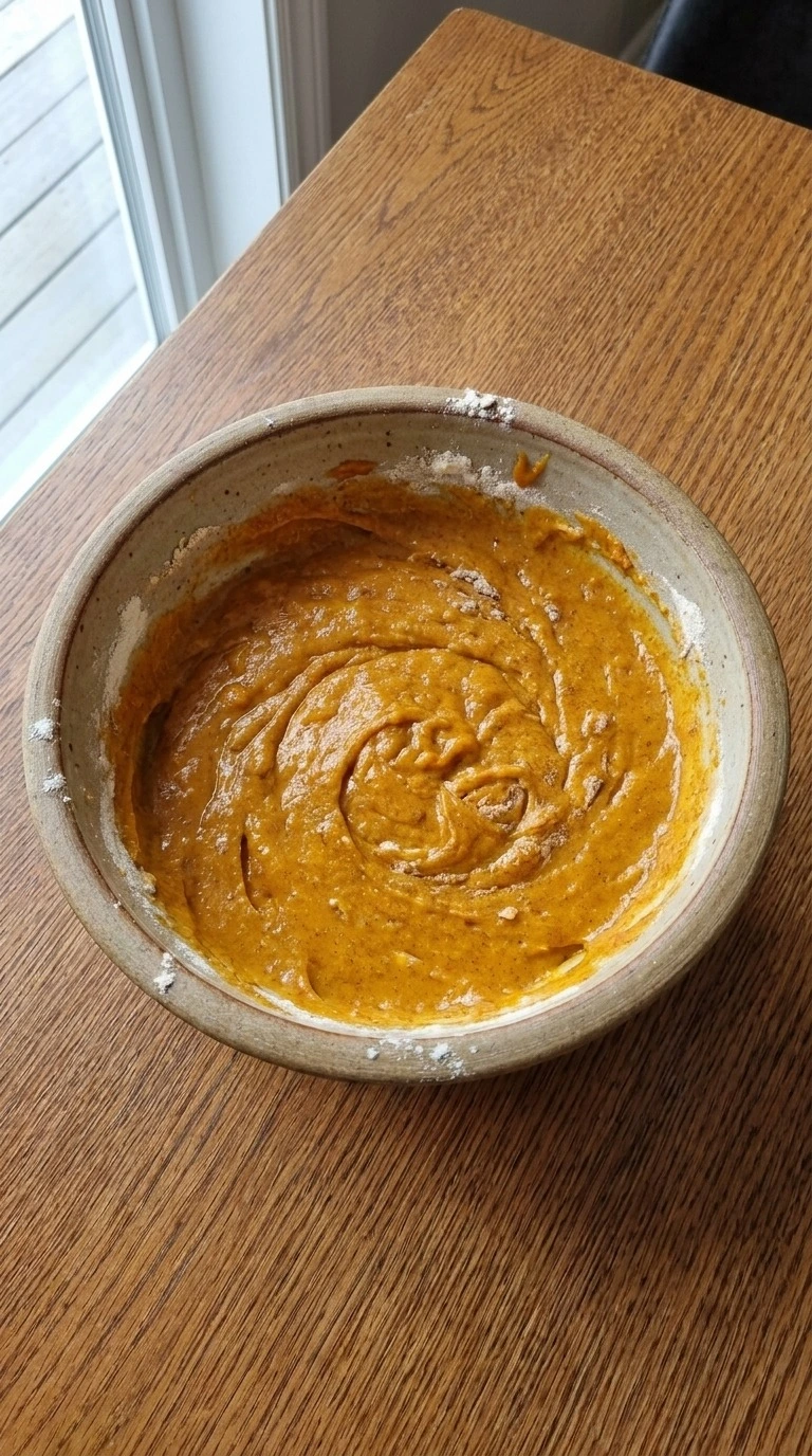 Pumpkin Roll with Cream Cheese Filling batter mixed with pumpkin spices in bowl Recipe focus: pumpkin roll recipe easy.