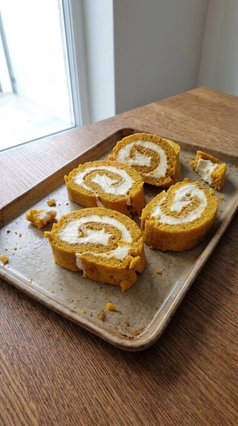 Pumpkin Roll with Cream Cheese Filling sliced spiral dessert on plate Recipe focus: pumpkin roll recipe.