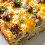 Sausage Breakfast Casserole with golden hashbrowns and melted cheddar layers Recipe focus: breakfast casserole with hashbrowns.