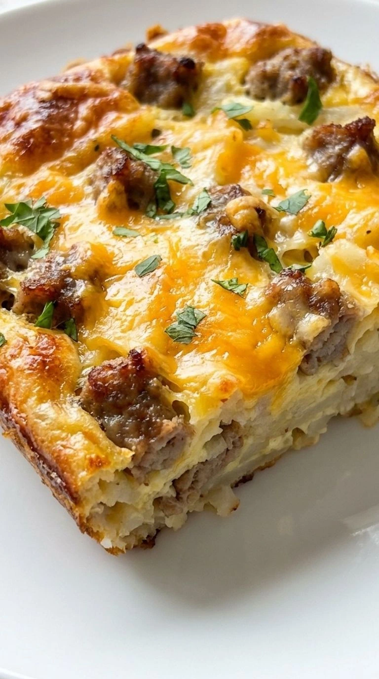 Sausage Breakfast Casserole with golden hashbrowns and melted cheddar layers Recipe focus: breakfast casserole with hashbrowns.