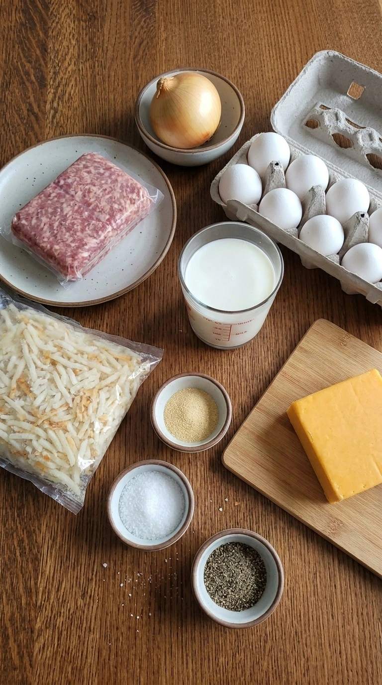 Sausage Breakfast Casserole ingredients with eggs sausage potatoes and cheddar Recipe focus: tater tot breakfast casserole.