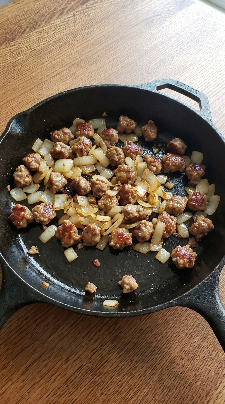 Sausage Breakfast Casserole browning sausage and onion in skillet Recipe focus: overnight breakfast casserole.