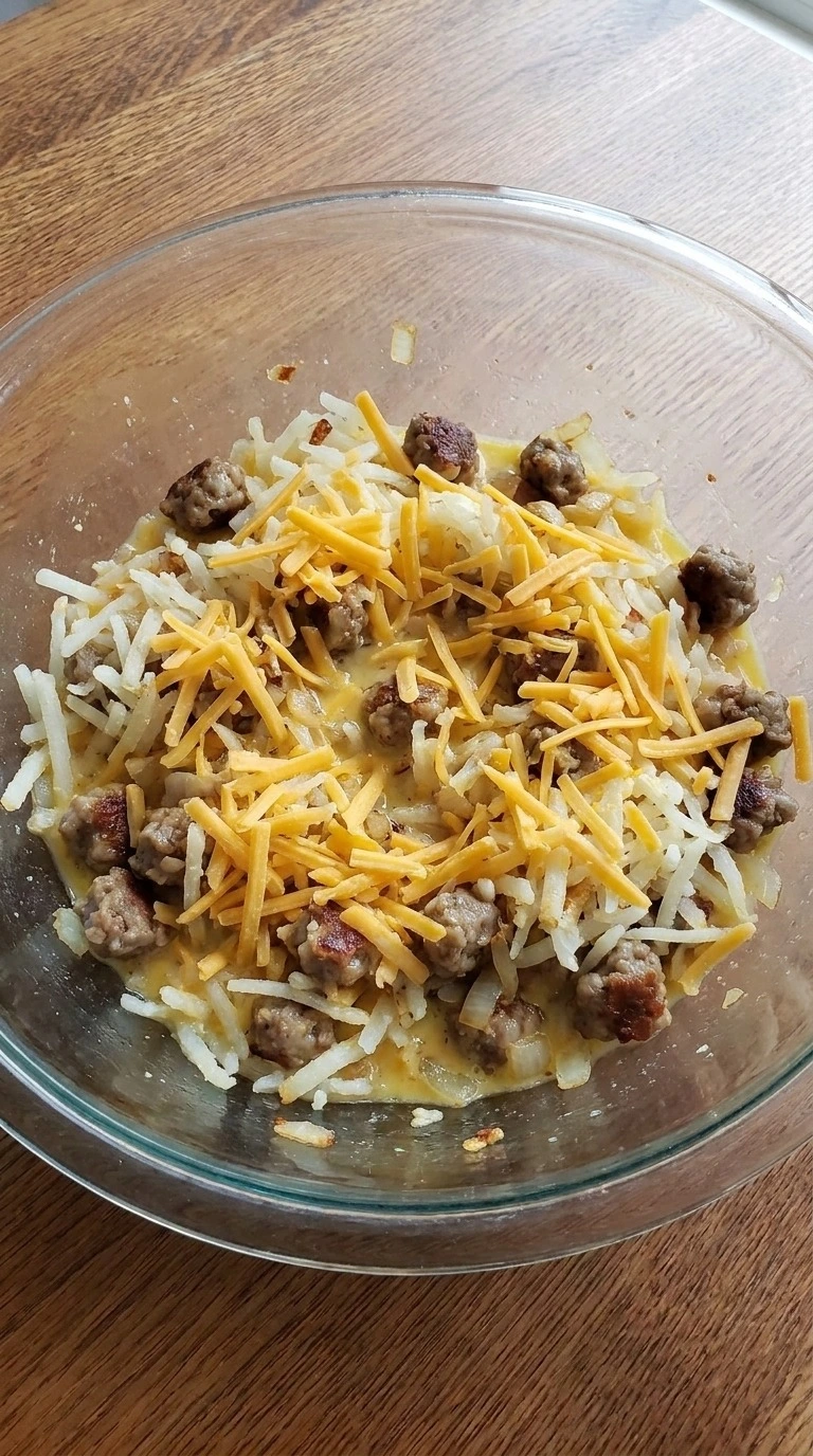 Sausage Breakfast Casserole mixture with hashbrowns eggs and cheese Recipe focus: breakfast casserole with hashbrowns.