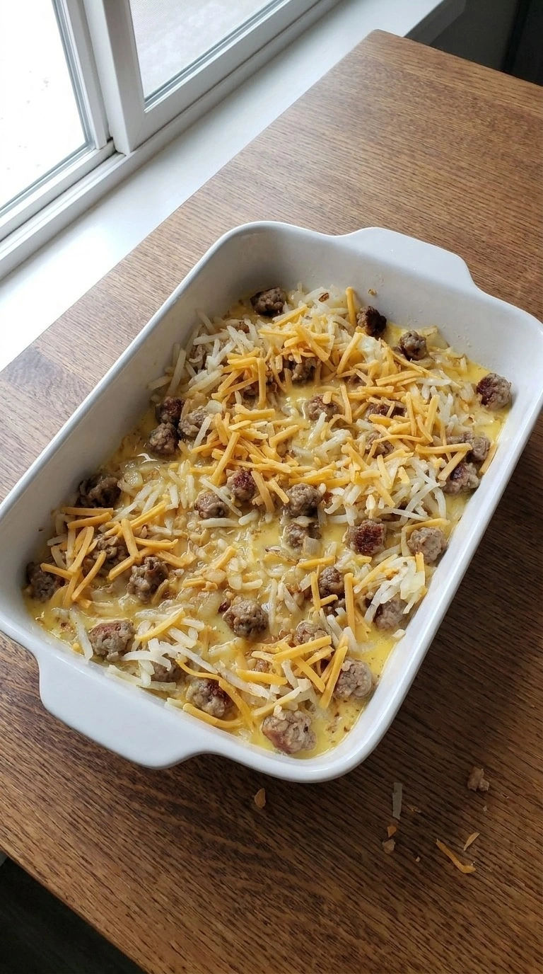 Sausage Breakfast Casserole filling spread in ceramic baking dish Recipe focus: breakfast casserole with hashbrowns.
