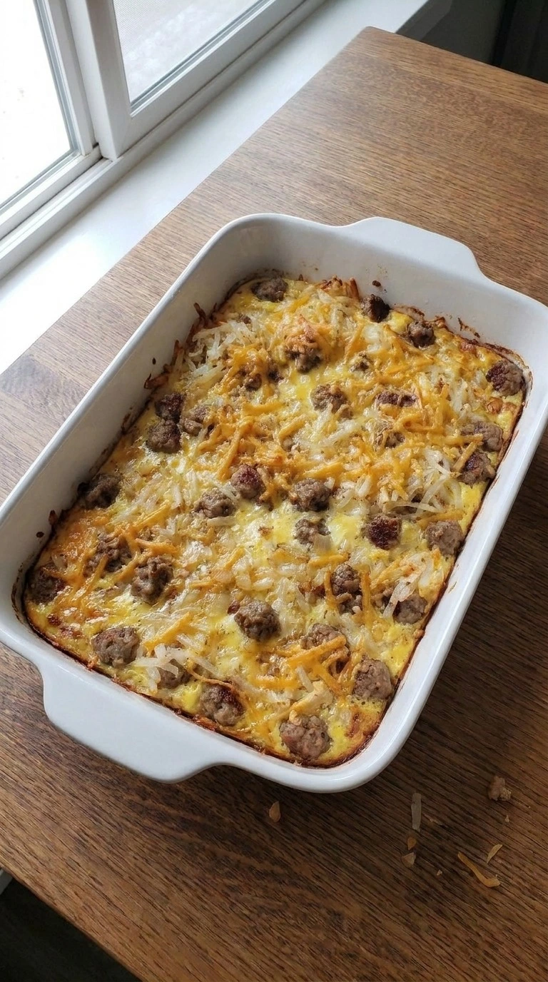 Sausage Breakfast Casserole baked with golden cheese and set center Recipe focus: easy breakfast casserole.