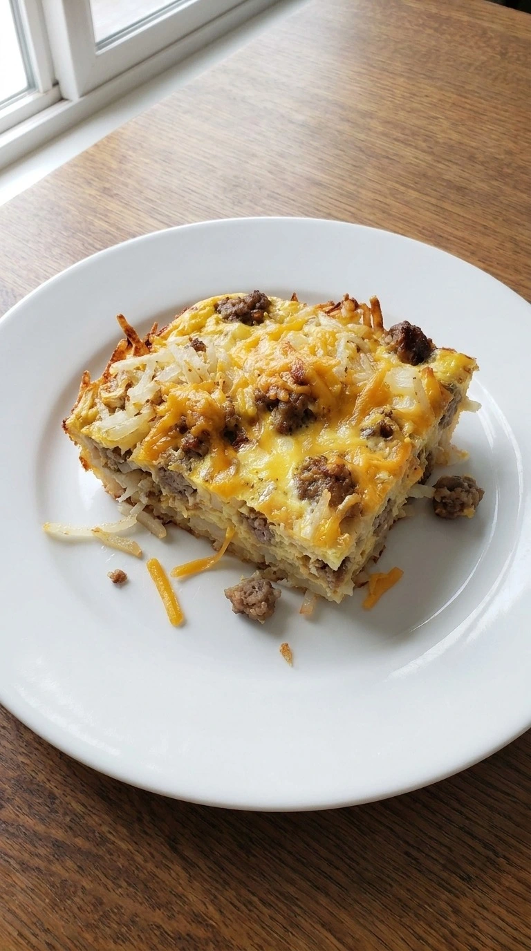 Sausage Breakfast Casserole slice showing hashbrown layers on plate Recipe focus: tater tot breakfast casserole.