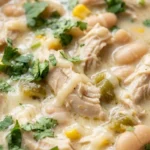 Stovetop White Chicken Chili with creamy beans and tender chicken in a bowl Recipe focus: crockpot white chicken chili.