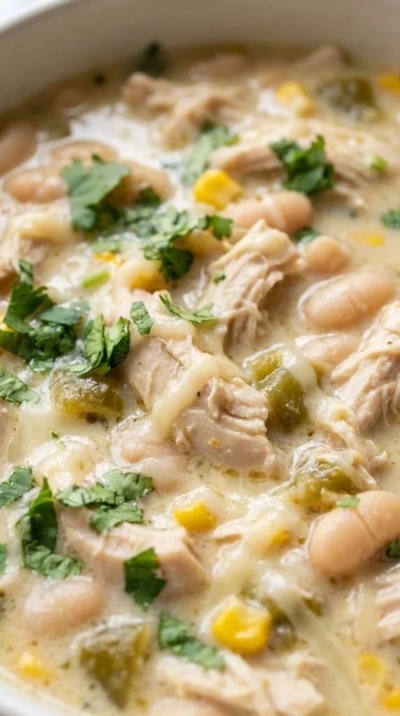Stovetop White Chicken Chili with creamy beans and tender chicken in a bowl Recipe focus: crockpot white chicken chili.