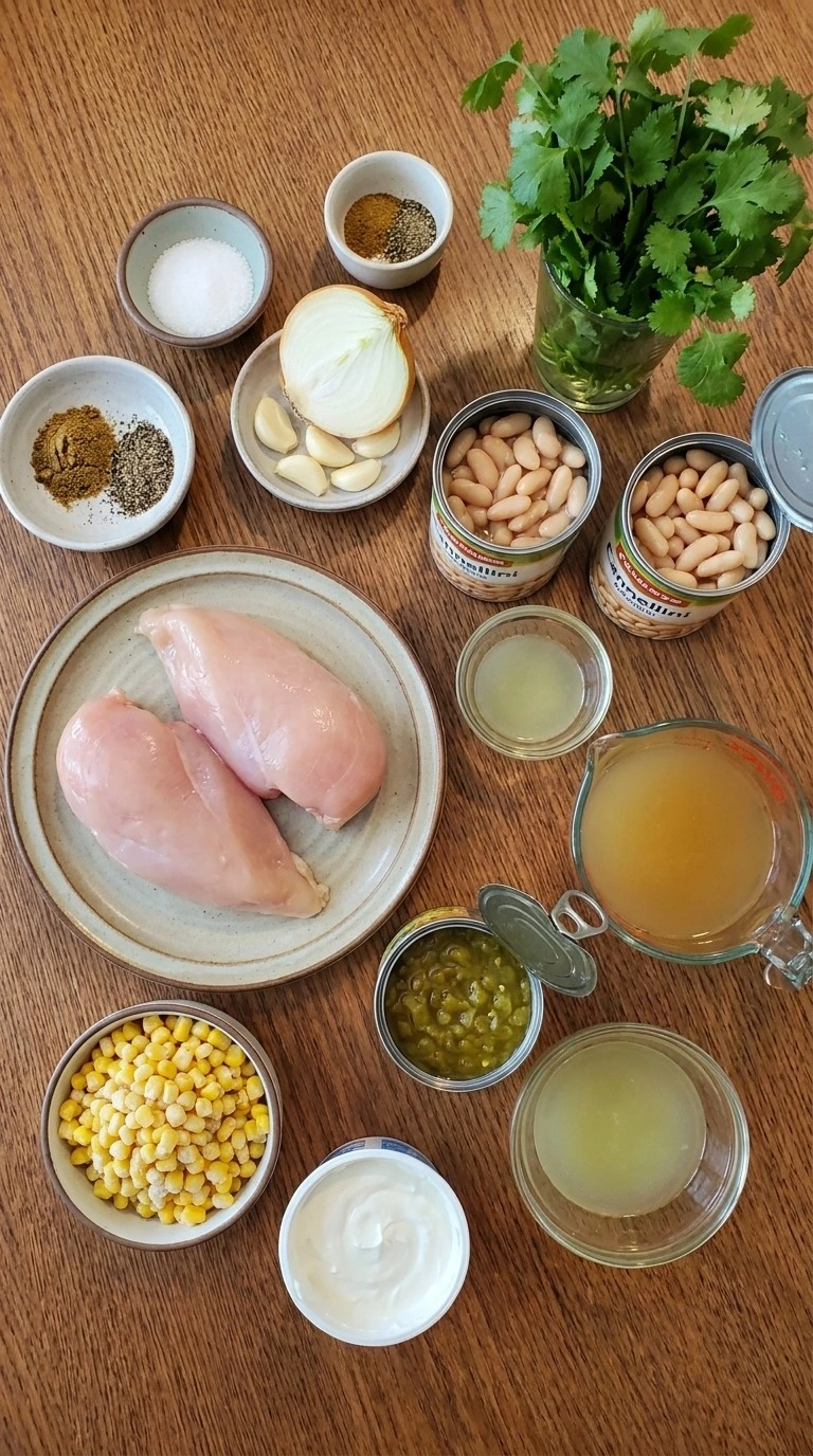 Stovetop White Chicken Chili ingredients with chicken beans peppers and spices Recipe focus: white chicken chili easy.