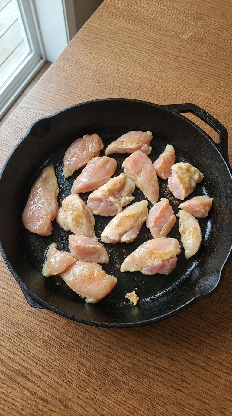 Stovetop White Chicken Chili chicken pieces being seasoned and lightly browned Recipe focus: creamy white chicken chili.