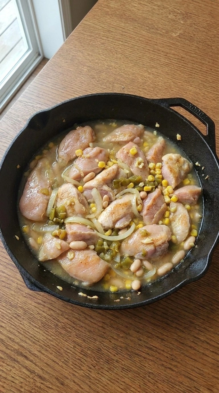 Stovetop White Chicken Chili base with beans broth chicken and vegetables Recipe focus: crockpot white chicken chili.