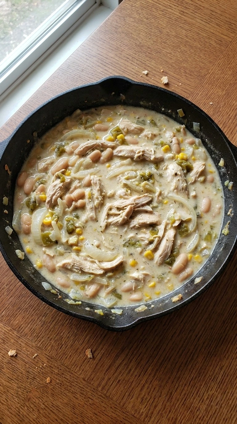 Stovetop White Chicken Chili thickening with creamy broth and chicken Recipe focus: crockpot white chicken chili.