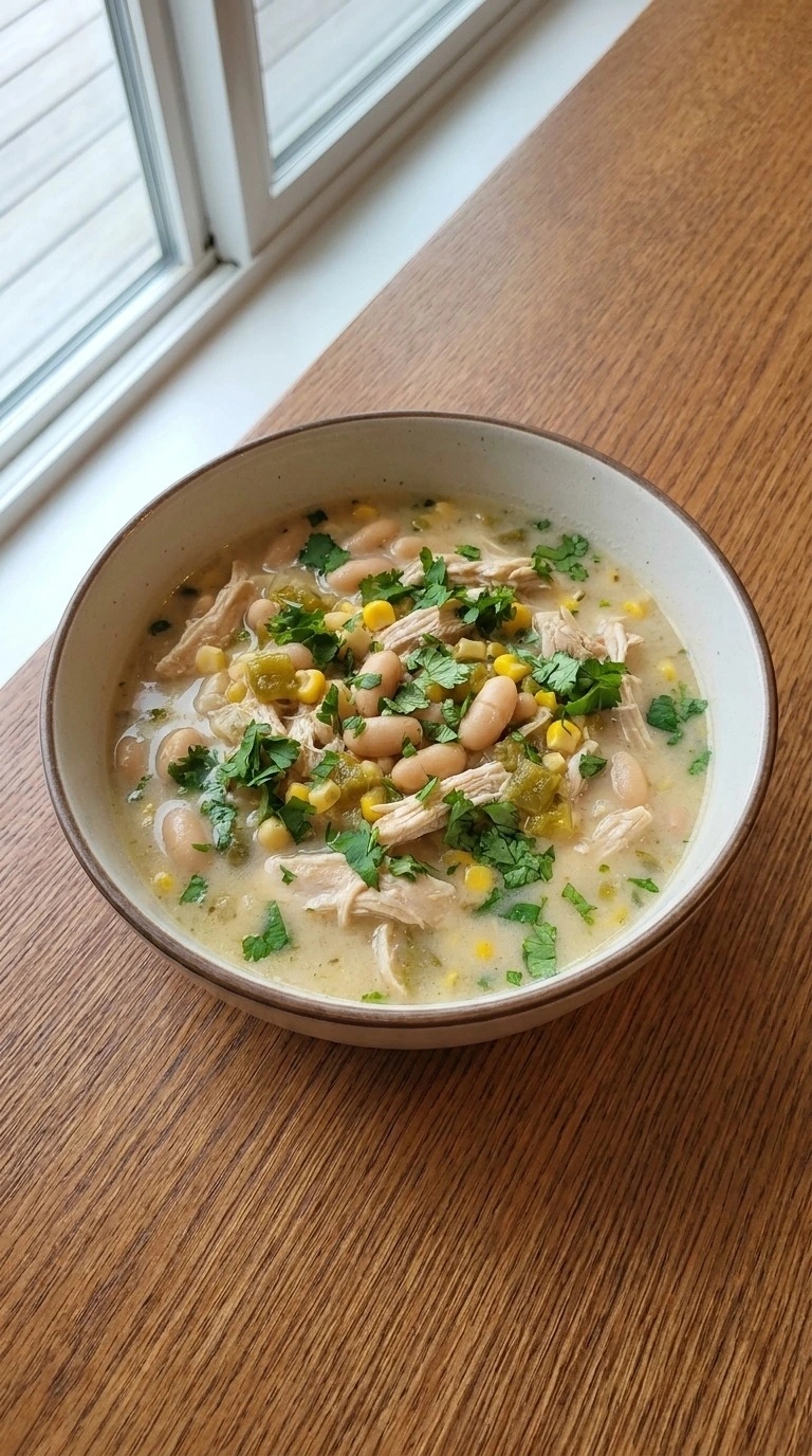 Stovetop White Chicken Chili served portion with creamy broth and cilantro Recipe focus: easy white chicken chili.