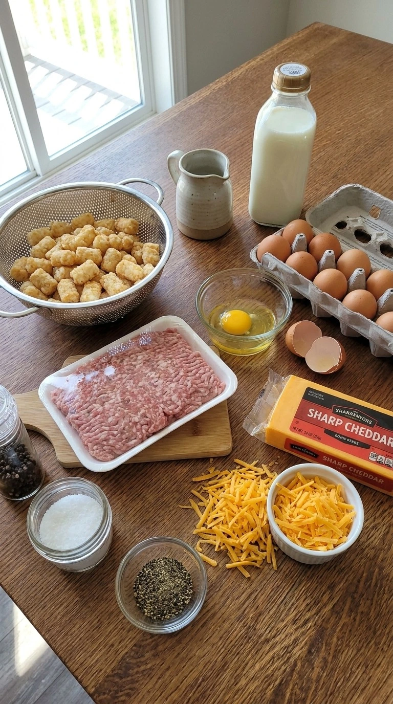 Tater Tot Breakfast Casserole ingredients including eggs sausage and cheddar cheese Recipe focus: hashbrown breakfast casserole.