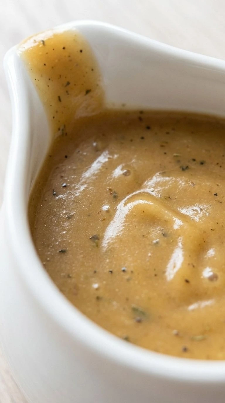 Turkey Gravy Without Drippings in a white gravy boat with a rich golden color and smooth buttery texture Recipe focus: easy turkey gravy without drippings.