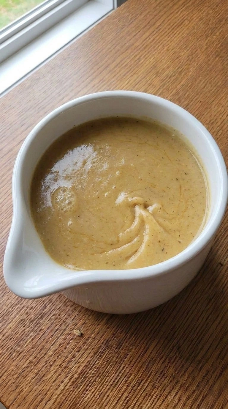 Turkey Gravy Without Drippings step four showing finished golden gravy poured into a white serving boat Recipe focus: easy turkey gravy without drippings.