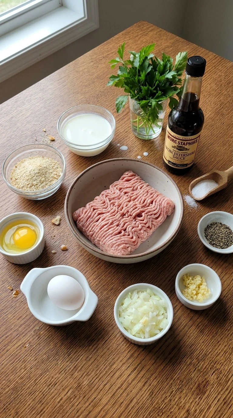 Turkey Meatloaf ingredients with turkey and fresh vegetables Recipe focus: mini meatloaf recipes.