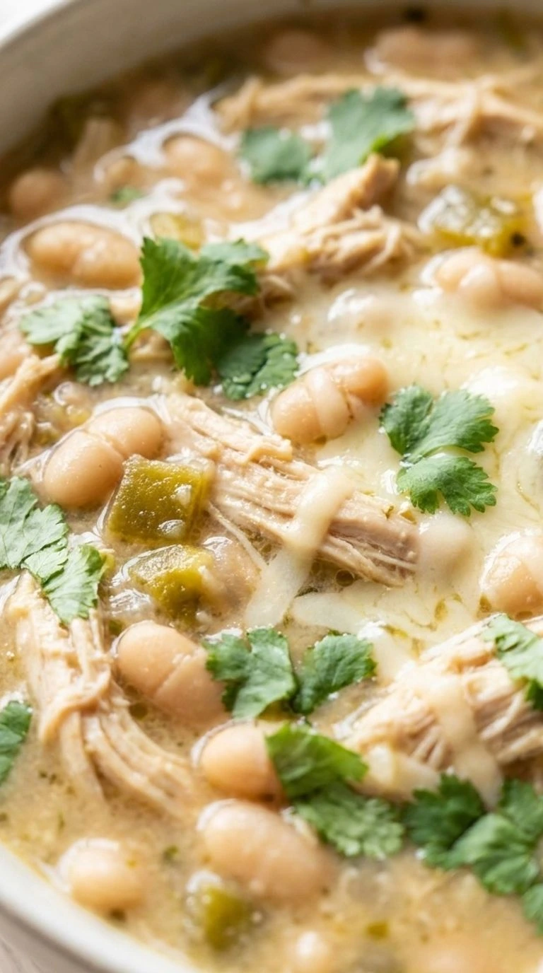 White Bean Chicken Chili with creamy broth and tender chicken pieces in a bowl Recipe focus: white chicken chili.