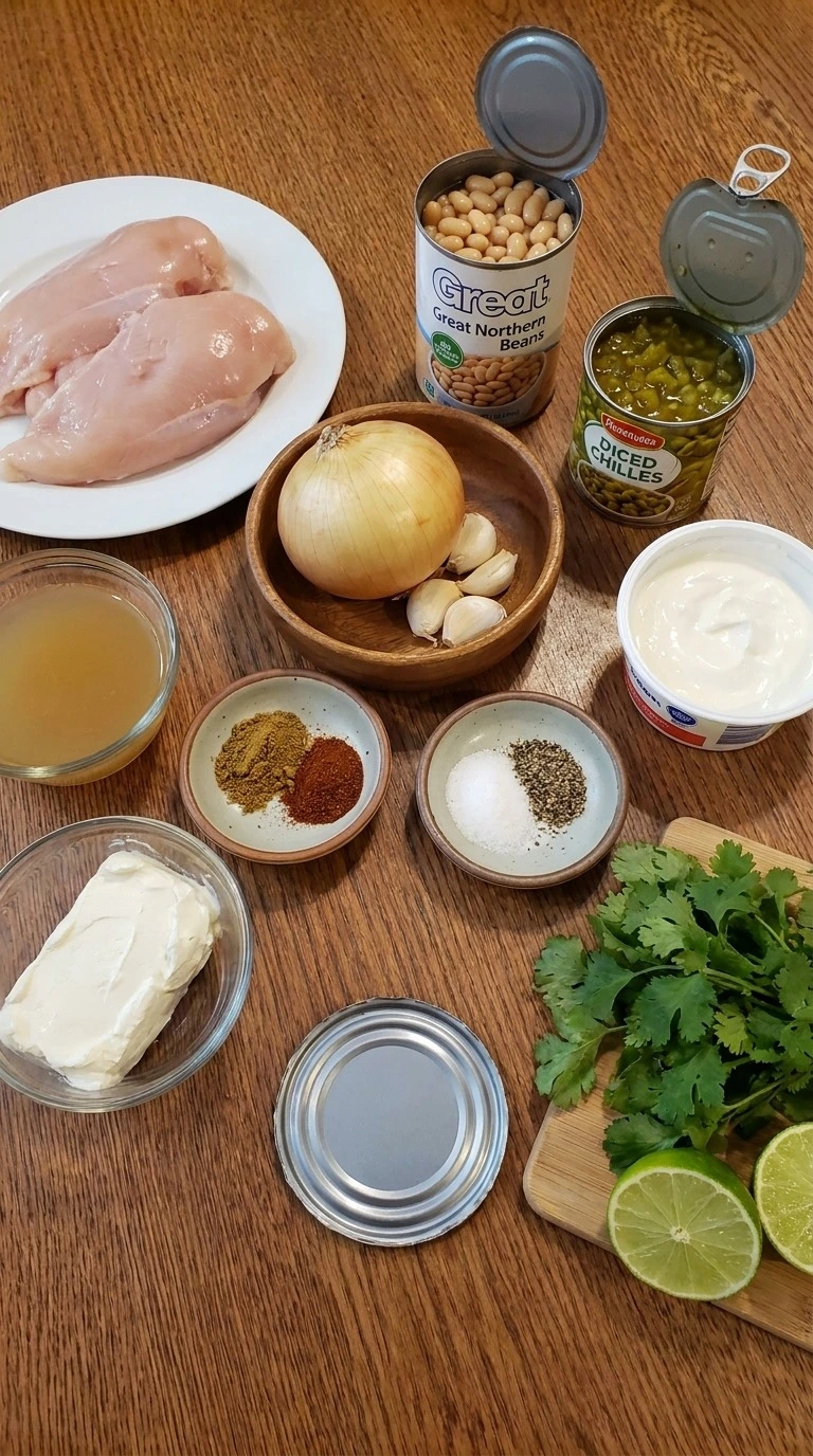 White Bean Chicken Chili ingredients with chicken beans vegetables and spices arranged Recipe focus: white chicken chili easy.