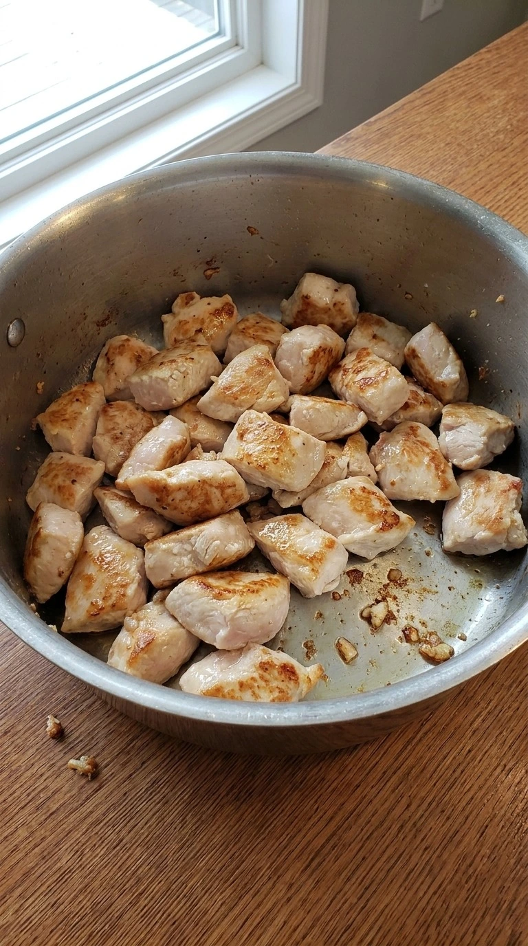 White Bean Chicken Chili browning boneless chicken breast pieces in pot Recipe focus: creamy white chicken chili.