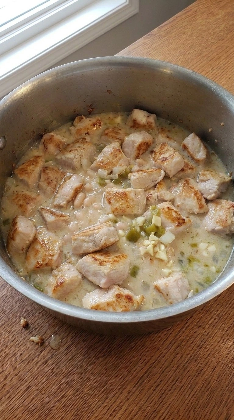 White Bean Chicken Chili becoming creamy with chicken beans and cream cheese Recipe focus: crockpot white chicken chili.