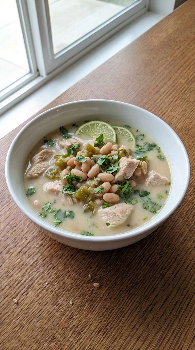 White Bean Chicken Chili served bowl with cilantro lime and creamy broth Recipe focus: easy white chicken chili.